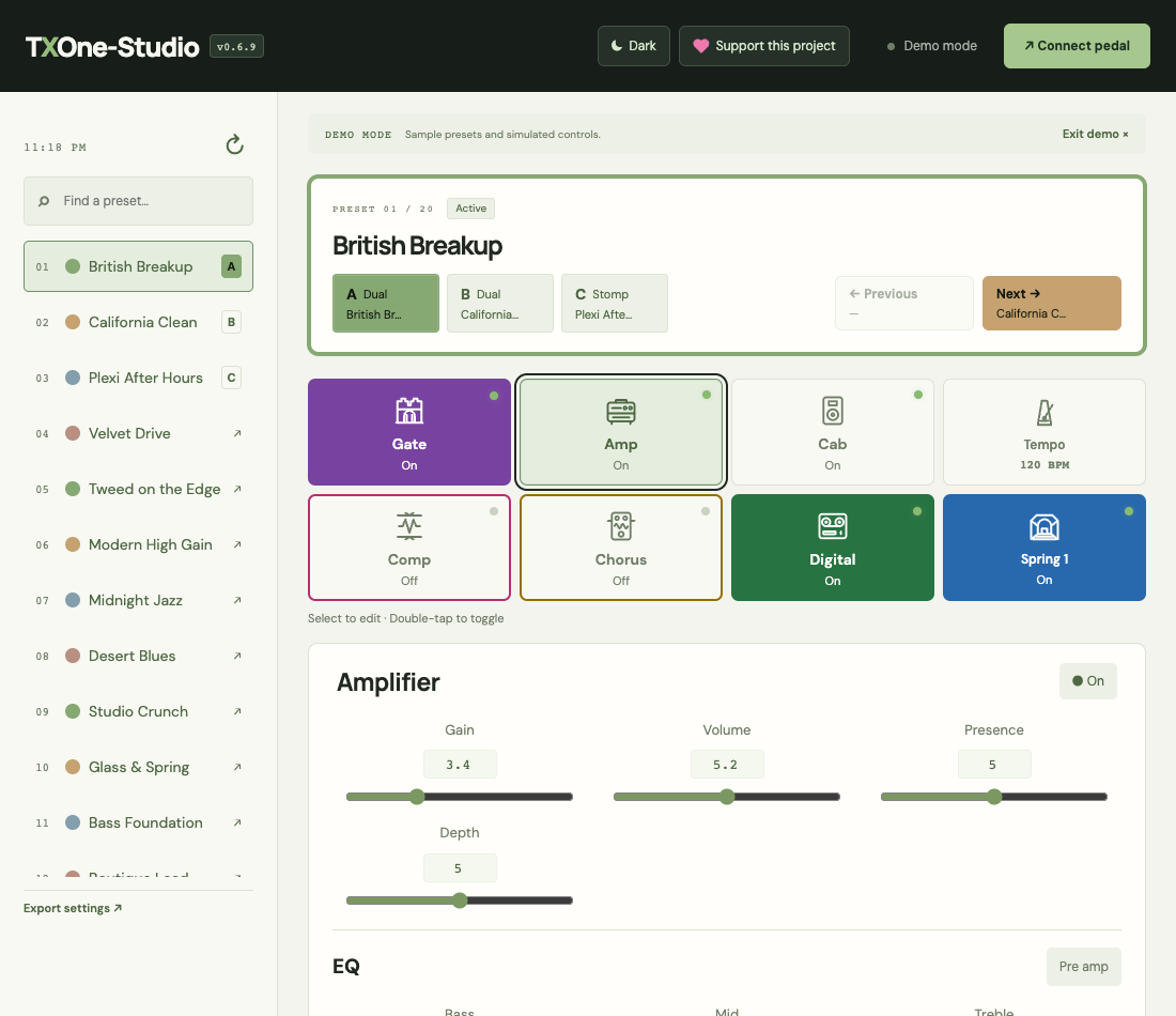 TXOne-Studio demo showing preset slots, effect cards, and amplifier parameter controls
